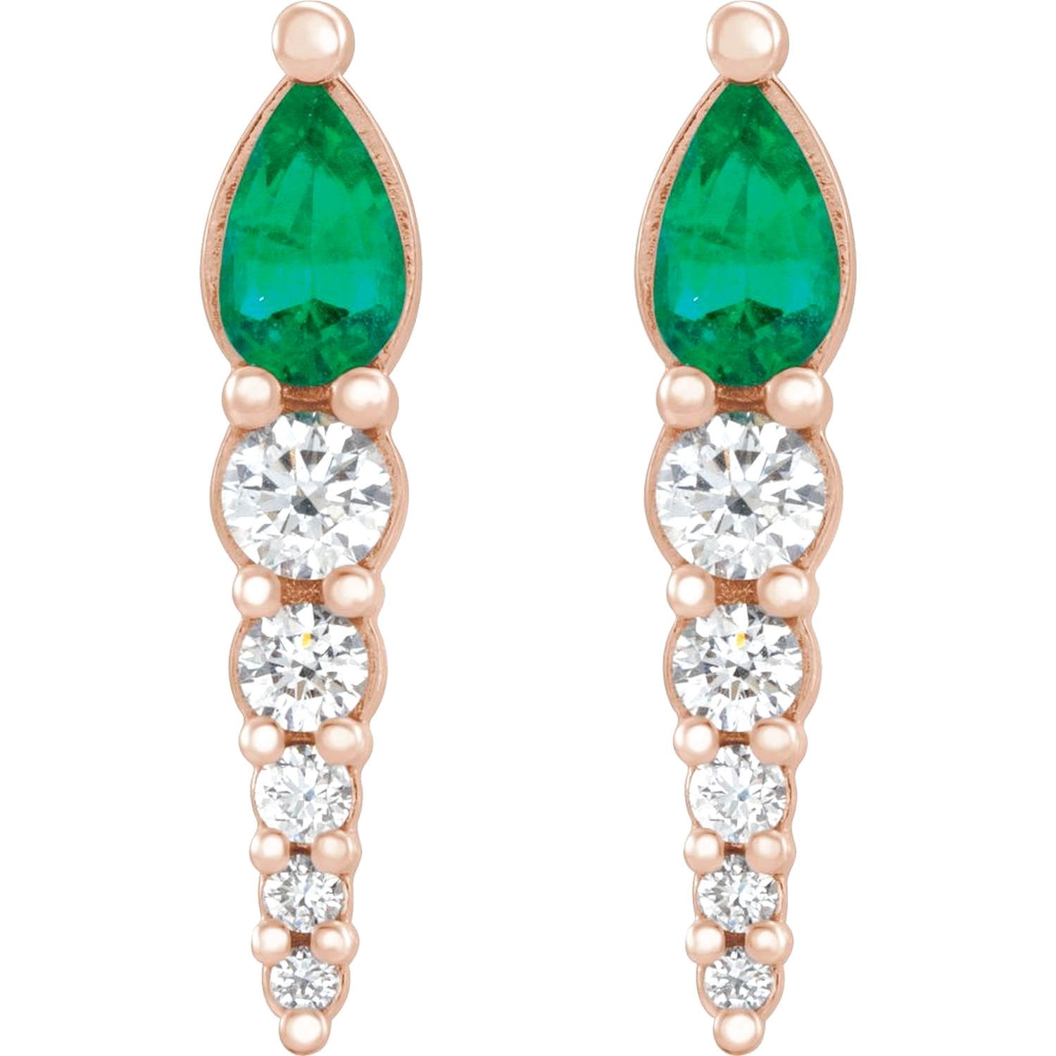 14K Rose Gold Pear Emerald Diamond Bar Drop Earrings 1 4 CT